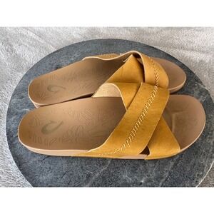 OluKai Kipe'a Olu Womens Size 9 Golden Harvest Leather Slides Sandals
